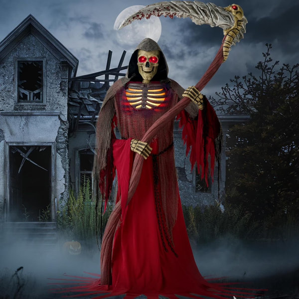 7ft Halloween Animated Standing Grim Reaper Holding Giant Scythe with Light and Infrared Sensor