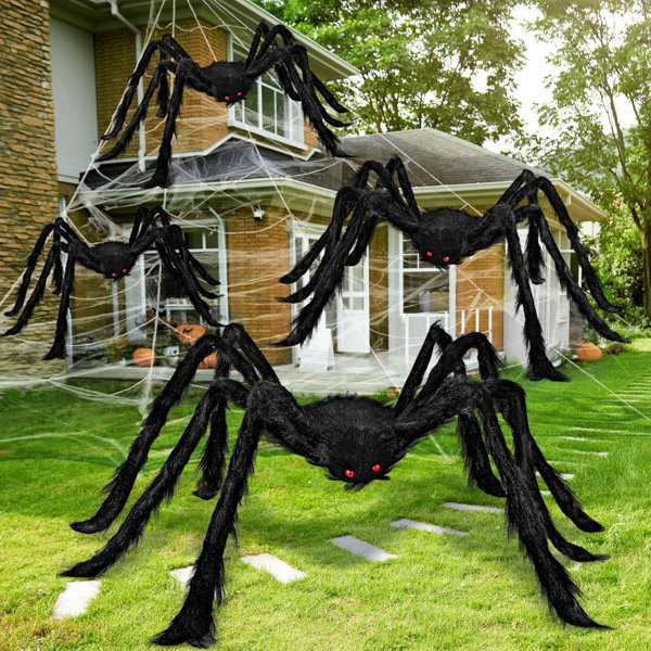 4Pack Giant Spider Halloween Decorations Outdoor - 5FT Scary Halloween Large Big Huge Realistic Fake Hairy Plush Spider Props for Indoor Outside Yard Lawn Party Creepy Decor, Black