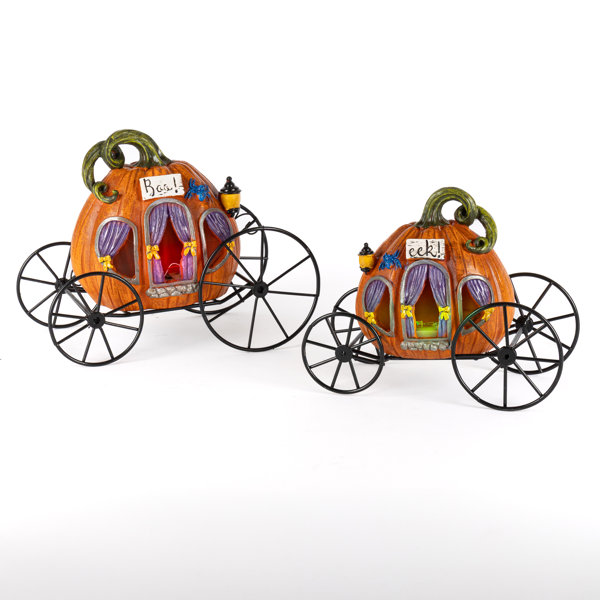 Set of 2 Elegant Metal Halloween Pumpkin Carriages