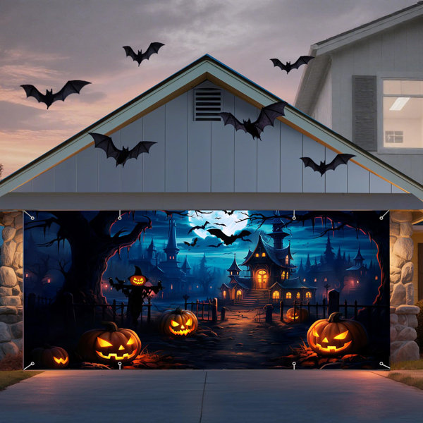 Halloween Garage Door Banners 7X16 Ft Large Hanging Backdrop Horror Halloween Garage Door Cover Spooky Party Decorations For Outdoor Home Yard Wall Haunted House Decor Birthday Photo Backgrounds