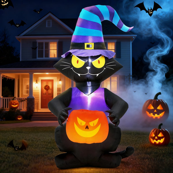 6FT Halloween Inflatables Cat Decoration - Blow Up Yard Lovely Black Cat With Witch Hat Holding Pumpkin Face Build-In LED Lights For Home Halloween Party Garden Lawn Indoor Outdoor Decor