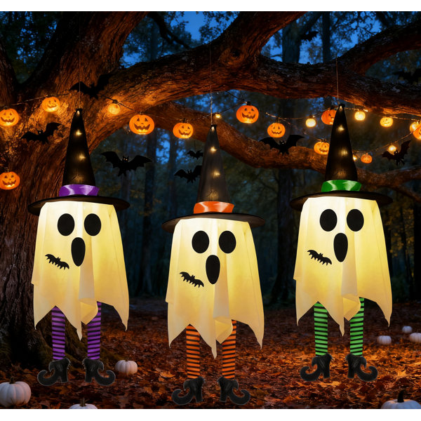 3Pcs Halloween Outdoor Hanging Ghost Decorations Ghosts With Witch Hat Glowing Ghost Witch Hat Lights For Porch Yard Patio Tree Garden Party