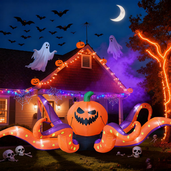 12FT Pumpkin Octopus Inflatable、Halloween Inflatable With Built-In Leds、Outdoor Yard Blow Up Decor、Glowing Octopus Tentacle Prop