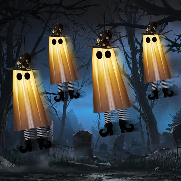 4Pcs Halloween Hanging Ghost Decor With Light Spooky Swinging Witch Hat Ghosts Indoor Outdoor Yard Patio Garden Tree Decor