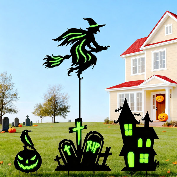 3-Piece Set Of Halloween Outdoor Fluorescent Witch Broom Metal Ground Stakes (Luminous And Waterproof) For Flying Witches, Tombstones, Pumpkins, And Haunted Houses, Garden And Lawn Decorations