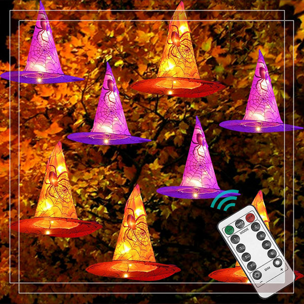 Halloween Hanging Witch Hat Lights - 16Ft Length, 8 Lighting Modes (Remote Control), Waterproof Battery-Powered, Indoor Outdoor Party Decor