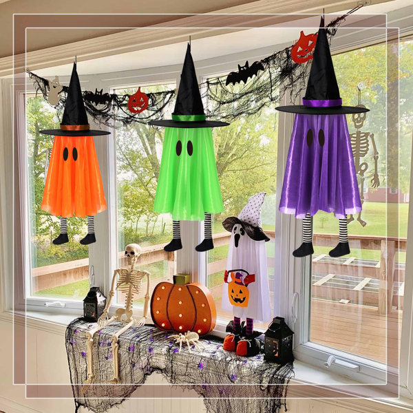 Halloween Light-Up Hanging Ghost Set (3 Pcs) - Bright 3-Color Design, Customizable Eyes, Battery String Lights For Front Door Walkway Decor
