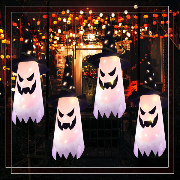 Halloween Light-Up Ghost Witch Hat Set (4 Pcs) - Independent Switches, 3 Flash Modes, 10 Lamp Beads, Hanging Decor For Eaves Tree Terrace