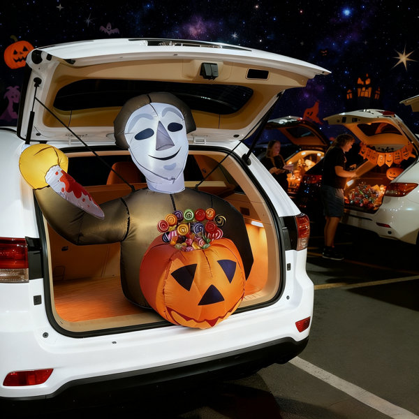 Halloween Trunk Or Treat Car Decorations - Pumpkin Killer-Themed Inflatable Car Decor With Built-In LED Lights & Candy Pocket For Outdoor Trunk Parties & Events