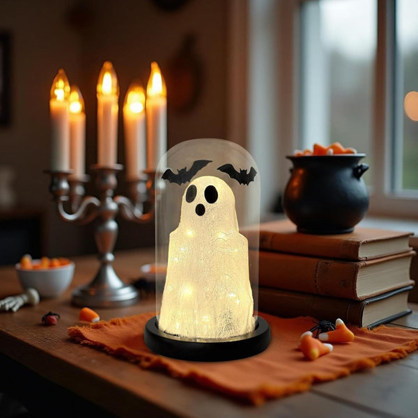 Halloween Decorations Indoor, Lighted Ghost In Glass Dome Cloche, Cute Spooky Halloween Ghost Decor For Tabletop Mantel Display