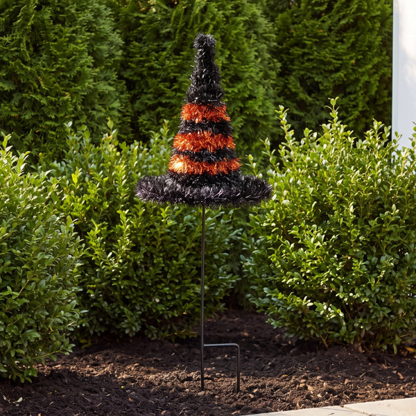 & Orange Tinsel Witch Hat Yard Stake with Iron Detail