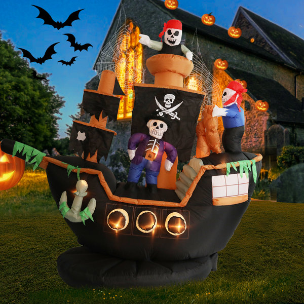 7 Ft Halloween Inflatable Skeletons Ghosts On Pirate Ship Lights Decor Outdoor Indoor Holiday Decorations, Blow Up Lighted Yard Decor, Giant Lawn Inflatables Home Family Outside Decor
