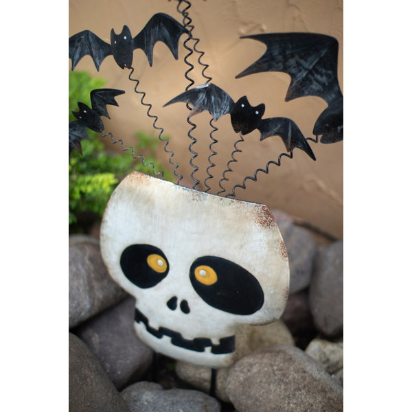 Painted Metal Halloween Skull with Bats Yard Art 29"H – Glossy Seasonal Decor