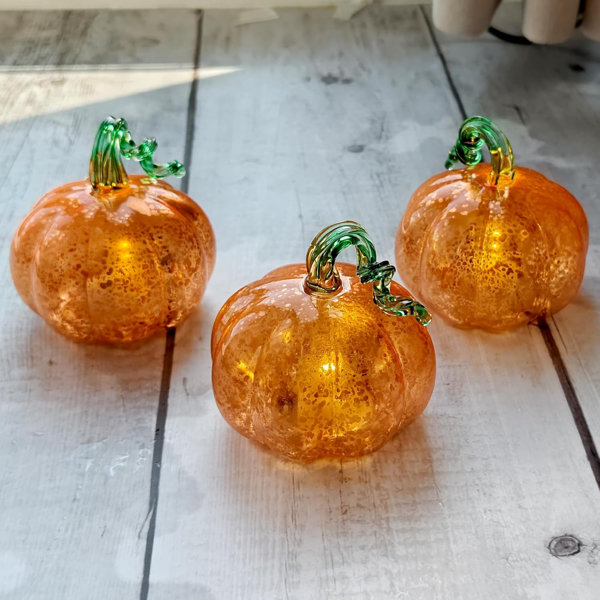 Light Up Pumpkin 2.5'' Small Glass Pumpkins With Lights Golden Pumpkin Decor Halloween Lights For Fall Centerpieces For Tables (Set Of 3)