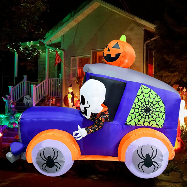 Halloween Inflatables Monster Truck Outdoor Decoration 8Ft Giant Car With Skull Skeleton Pumpkin & Spider Decorations Blow Up Halloween Decor For Trick Or Treat Halloween Party, Lawn, Garden, Porch