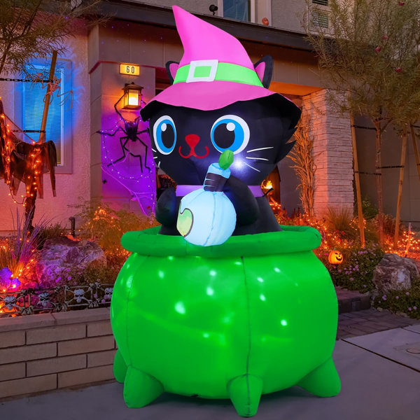 6 FT Halloween Inflatables Cat With Witch Cauldron Decoration Blow Up Yard Decoration With LED Lights Built-In For Holiday Lawn Party Yard Garden