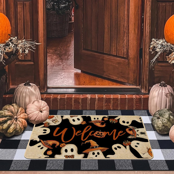 Halloween Ghost Door Mat Spooky Pumpkin Black Decorative Front Doormat Welcome Indoor Outdoor Mats Non-Slip Rubber Backing Seasonal Kitchen Entrance Floor Decoration 17 X 29 Inch