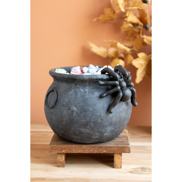 BLACK TERRACOTA HALLOWEEN CANDY CAULDRON WITH SPIDER