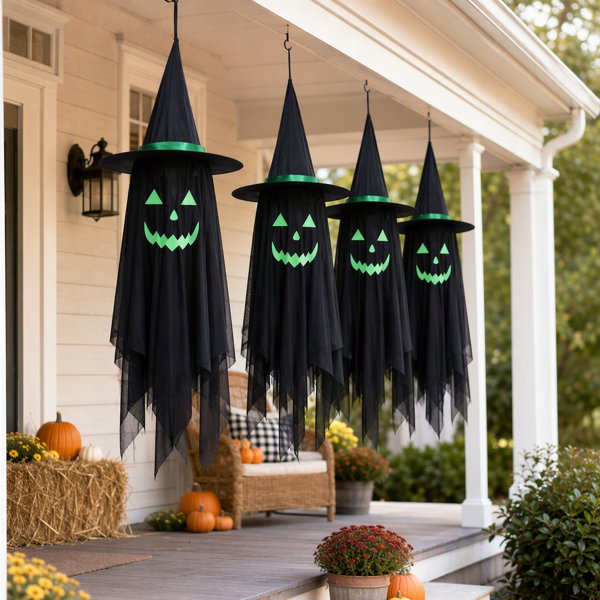 Halloween Hanging Ghost Decorations with Witch Hat, Glow in Dark Spooky Black Ghost Ornaments, Indoor Outdoor Tree Yard Porch Halloween Party Decor