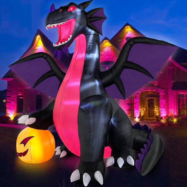 9FT Halloween Inflatable Dominating Dragon with Pumpkin Decoration | Spooky Blow Up Dinosaur, Built-in Bright LEDs, Perfect Weather Resistant Outdoor Decor for Holiday Party Yard Garden Lawn