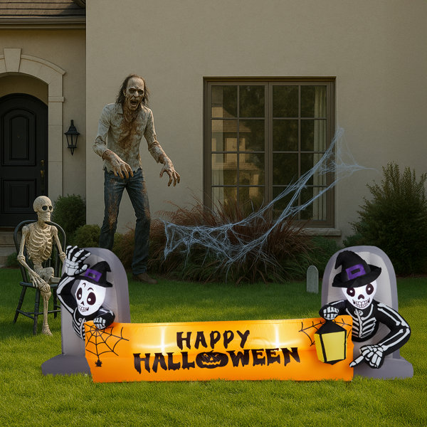 9.6FT Halloween Inflatable Skeleton Tombstone Banner with Built-In White LED Lights, Blow Up Outdoor Yard Decoration for Lawn, Garden, Porch & Halloween Party
