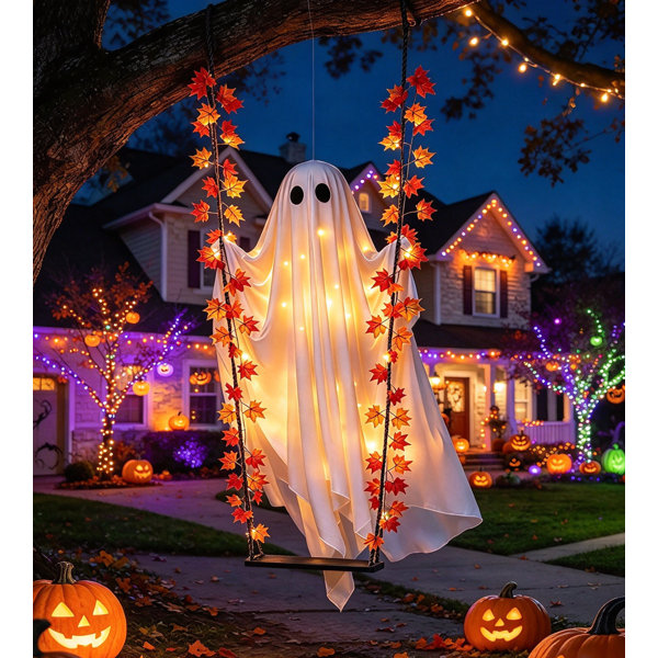Halloween Hanging Ghost Decor, Large Hanging Ghost with Maple Le