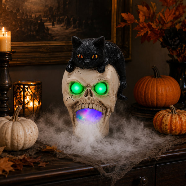 Halloween Skull Decor with Black Cat, Fog Effect and LED Lights, Resin Decor