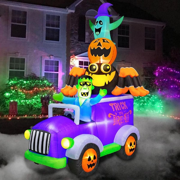 Halloween Frankenstein Driving Car Inflatable with Spider, Pumpkin, Ghost and Built-In LED Lights, Spooky Blow-Up Yard Decoration for Indoor and Outdoor Holiday Decor
