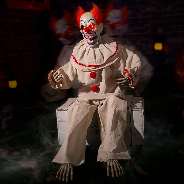 Halloween Animatronic Sitting Clown with Light-Up Eyes, Sound Activated Creepy Sound & Scary Movement, Orange Hair & Skeleton Hands, Haunted House Horror Prop, Indoor/Outdoor Decor