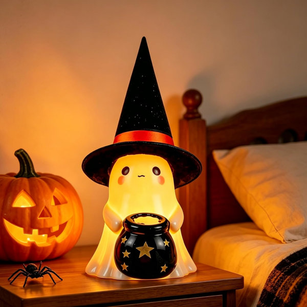 Halloween Ghost Decor Set of 3 Ceramic Figurines, Cute Spooky Statues with Removable Witch Hats & Ribbon Bows, Tabletop Ornaments for Mantel, Shelf & Indoor Display