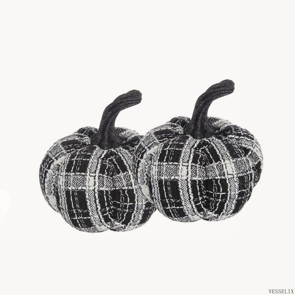 Set of 2 Fabric Light Black White Plaid Pumpkin, 7x7x7 Inch for Halloween