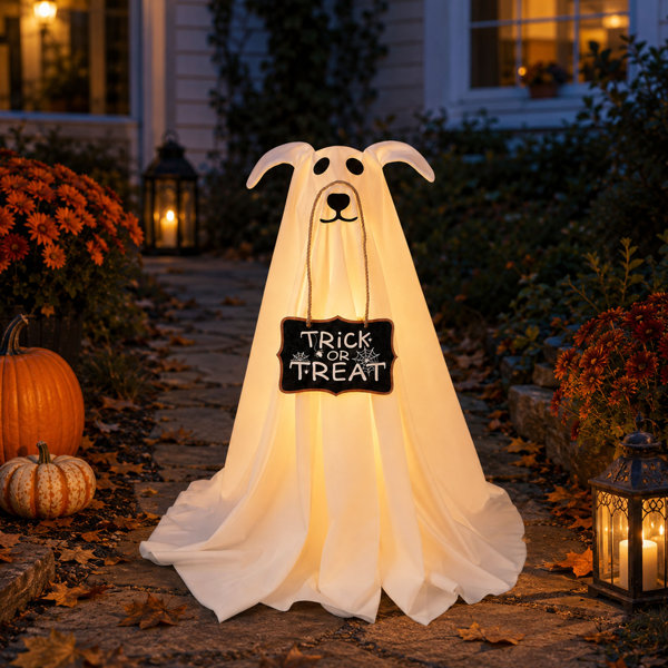 2.3 FT Light-Up Ghost Dog Halloween Decoration, Trick or Treat Sign