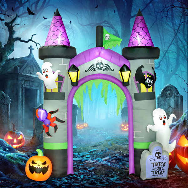 12FT Lighted Halloween Inflatable Archway with Air Blower, Ghost, Pumpkin, Spider & Bat, Outdoor Halloween Yard Decoration with 11 LED Lights