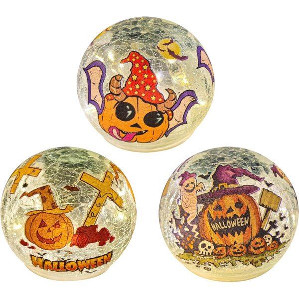 3 Pack Halloween Desktop Decorative Lights, Interior Decorations, LED Cracked Glass Ball Lights with Timer (Orange Pumpkin) | Interior Decorations, LED Cracked Glass Ball Lights, Timer