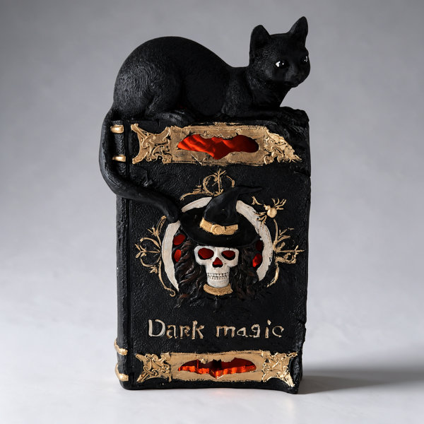 Dark Magic Book LED Statue, Battery Powered Glowing Resin Book with Cat and Skull, Halloween Gothic Tabletop Decor, 12.2 Inch