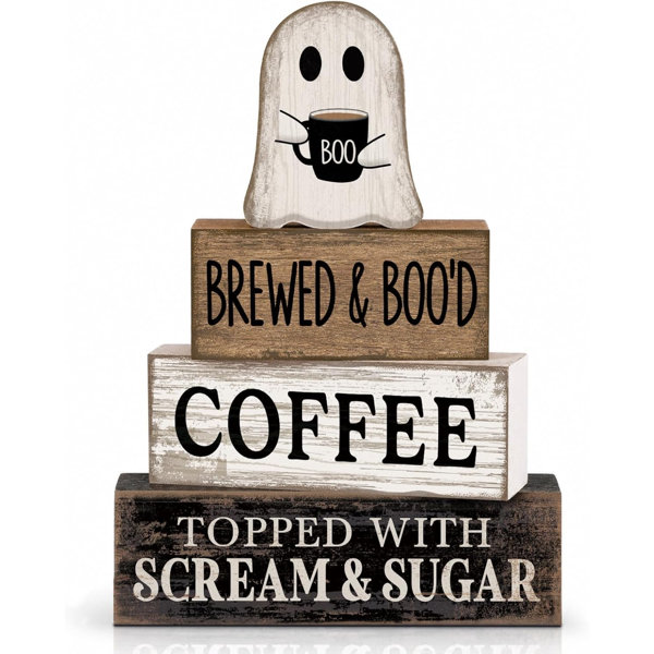 4 Pcs Halloween Ghost Blocks, Wooden Coffee Farmhouse Decor | Tiered Tray Decor for Home, Coffee Bar Table Decoration, Stacking Blocks with BOO Topper, Rustic Halloween Accents