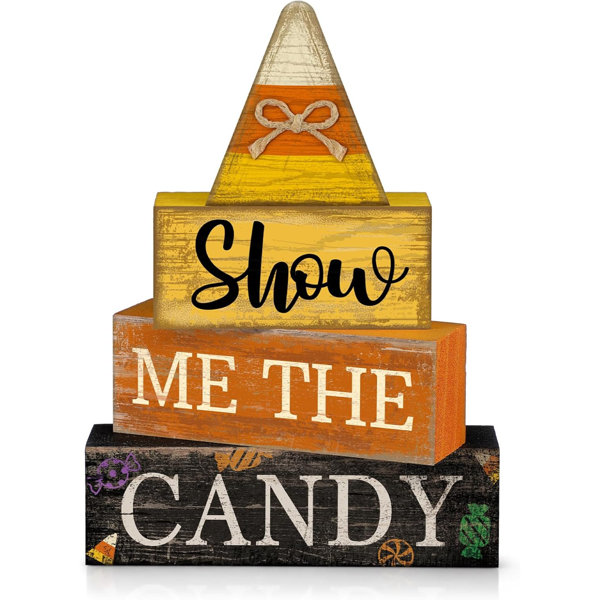 4 Pcs Halloween Table Decoration Candy Corn Wooden Stacked Sign | Rustic Stacked Blocks for Tabletop, Show Me the Candy Theme, Fall Halloween Home Decorations, Tiered Tray Display