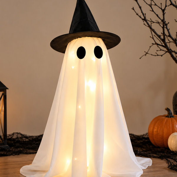 Halloween Lighted Ghost Decorations Set of 2, Ghost Tabletop Decor with Witch Hats for Holiday Accent