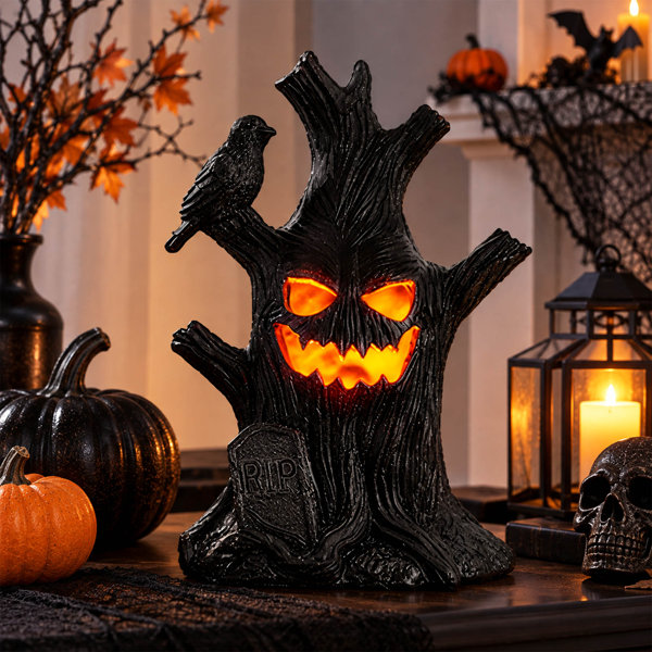 Halloween Lighted Tree Decoration, LED Scary Tree Tabletop Decor with Crow and Tombstone Details