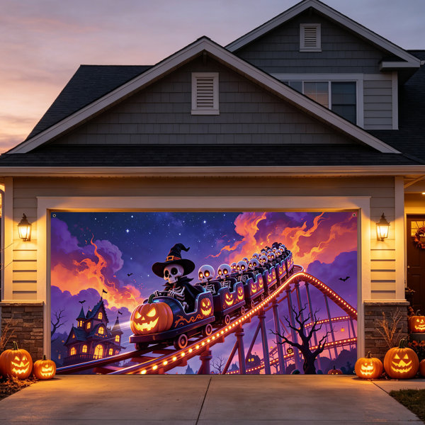 7×16 ft Halloween Garage Door Cover with Jack-O-Lantern Roller Coaster Design