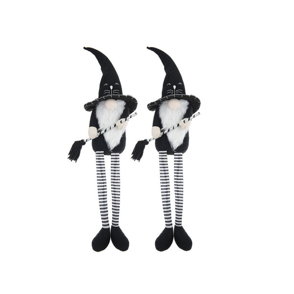 Fabric Halloween Gnome Set of 2 Black Cat Face Tall Pointed Hat with Broomstick Dangling Striped Long Legs Indoor Whimsical Seasonal Tabletop Ornaments