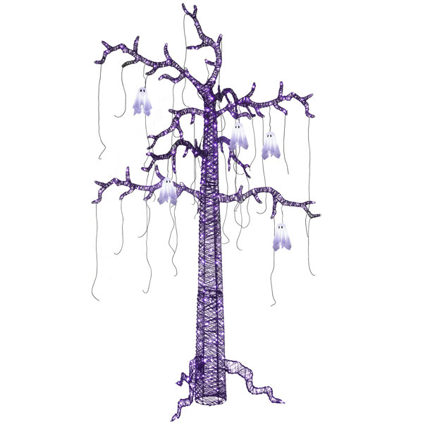 8FT Lighted Black Halloween Tree with Ghost, 355 LED Giant Spooky Tree, Purple Light Up Outdoor Scary Halloween Decorations, PVC Rattan Black Tree for Outdoor, Porch, Lawn, Patheway, Yard, Party