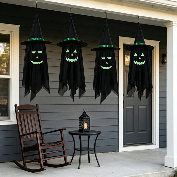 4 Pack Hanging Halloween Ghost Decorations, 39.37" Glow in The Dark Witch Hat Ghost Decor for Indoor Outdoor Porch, Yard & Halloween Party ﻿