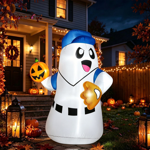 Halloween Inflatable Ghost Pitcher with LED Lights, Baseball Cap Ghost Throwing Glowing Pumpkin Ball, for Yard Lawn Garden Outdoor Holiday Party