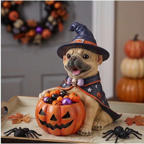 Halloween Pug Dog Figurine with Pumpkin Candy Bowl