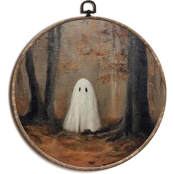 Halloween Ghost Framed Wall Art, Spooky Ghost Aesthetic Round Wall Art, Rustic Fall Forest Round Walls Decor, Farmhouse Gothic Circle Canvas Artwork Hanging Decor, 10x10in