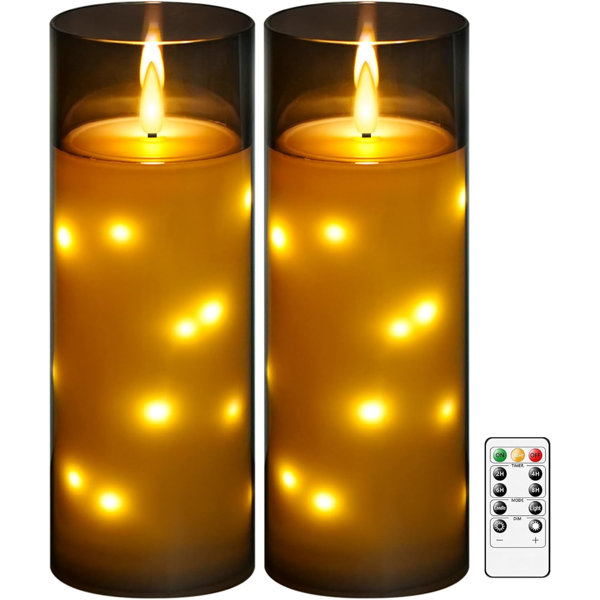 Large Outdoor Waterproof Flameless LED Candles with Remote and Timer,Acrylic Pillar Candles Battery Operated with Embedded Star String for Porch,Patio,Outdoor Decor,Set of 2(Grey)
