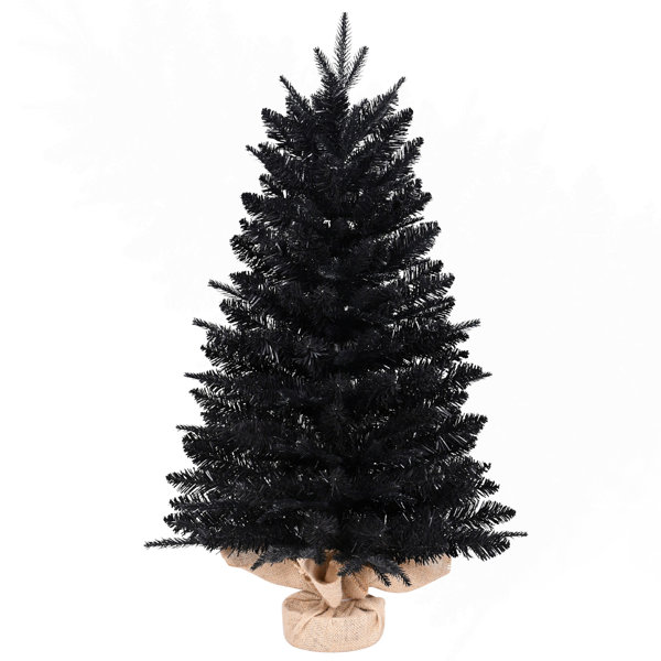 2.5FT Black PE PVC Artificial Christmas Tree with 265 Tips and Cement Burlap Base for Halloween and Christmas Tabletop Decor