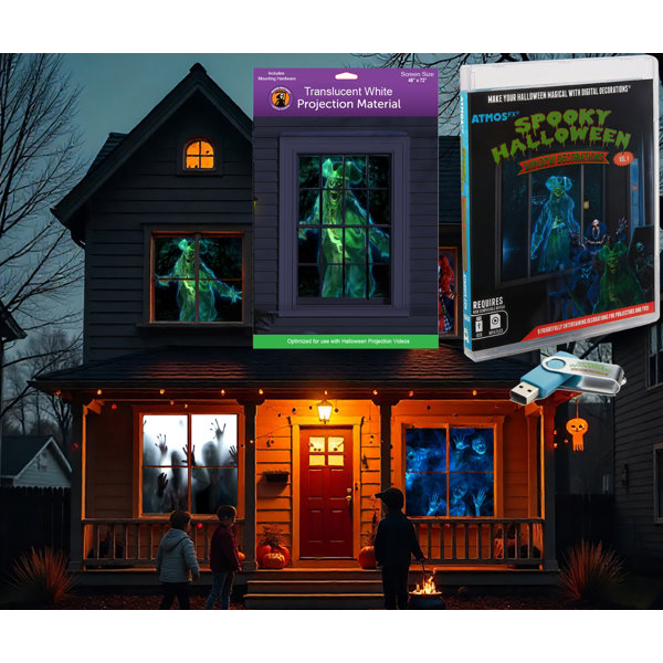 Spooky Halloween Digital Decoration Kit Includes 9 AtmosFX Video Effects for Halloween Plus 48” x 72” Holographic Projection Screen