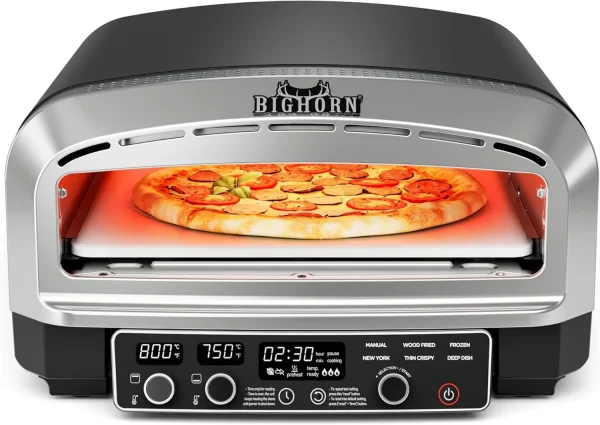 BIG HORN OUTDOORS Countertop Electric Pizza Oven, 14-inch, Stainless Steel, Black/Silver